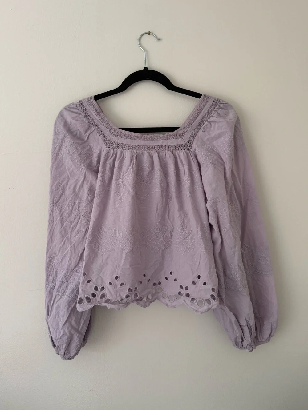 Pastel Purple Bishop Sleeve Blouse Cottagecore Prairie Square Neck Eyelet XS - Picture 8 of 13